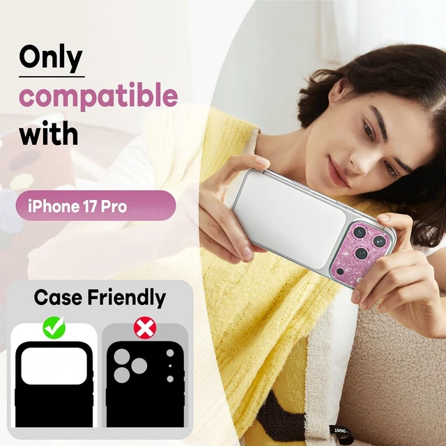 Alt view image 3 of 7 - Cute Camera Lens Protector for iPhone 17 Pro, Bling Pink Camera Cover for Women, All-in-One Drop-Proof Scratch Protector, Military Grade Shatterproof, Strong Adhesion