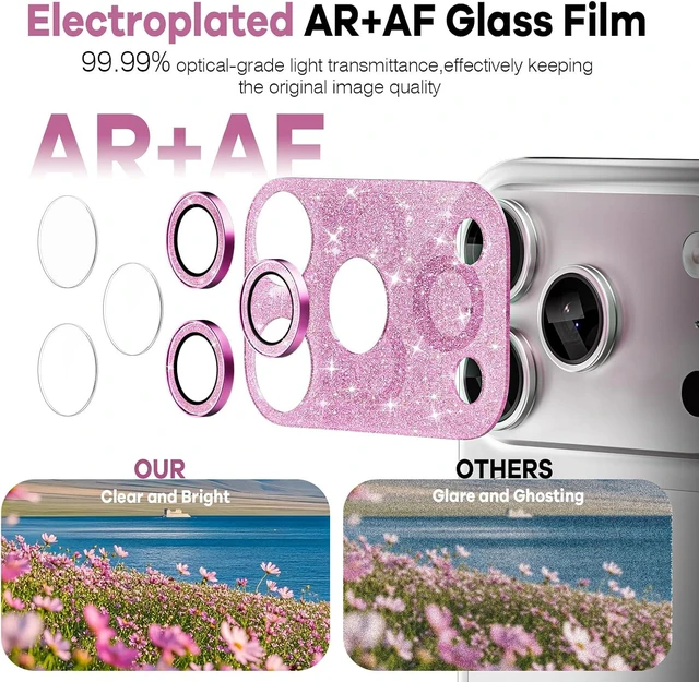 Alt view image 7 of 7 - Cute Camera Lens Protector for iPhone 17 Pro, Bling Pink Camera Cover for Women, All-in-One Drop-Proof Scratch Protector, Military Grade Shatterproof, Strong Adhesion