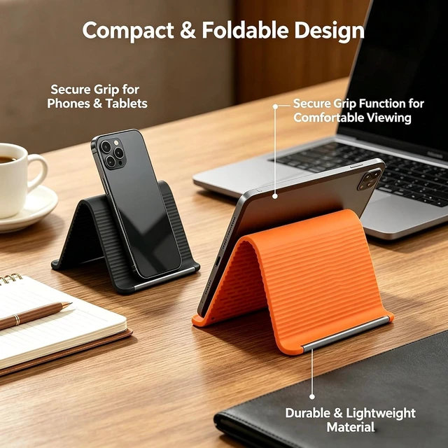 Alt view image 4 of 6 - Silicone Phone Stand with Aluminum, Flexible Foldable Phone Holder, Bendable Adjustable Anti-Slip Desktop Stand for Phone Tablet Laptop, Portable Rollable Multi-Angle Stand for Home (Black)