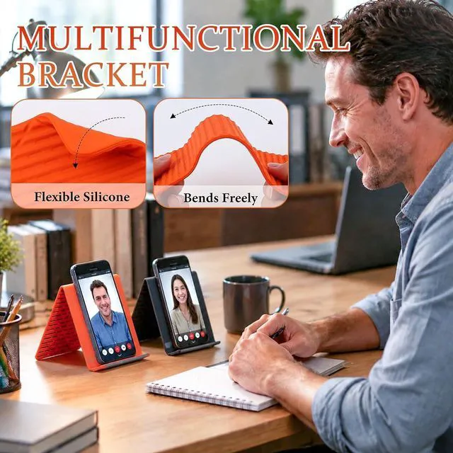 Alt view image 4 of 6 - Flexible Silicone Phone Stand with Aluminum, Foldable Portable and Bendable Phone Holder for Phone Tablet Laptop, Portable Rollable Multi-Angle Stand (Orange)