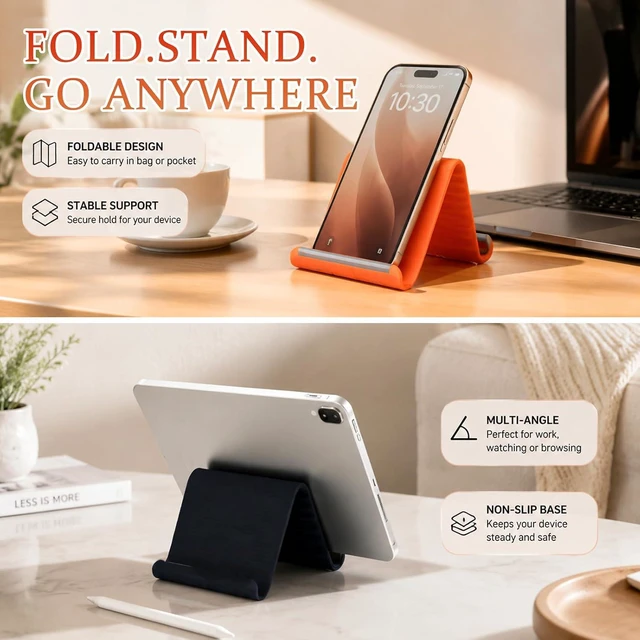 Alt view image 5 of 6 - Flexible Silicone Phone Stand with Aluminum, Foldable Portable and Bendable Phone Holder for Phone Tablet Laptop, Portable Rollable Multi-Angle Stand (Orange)