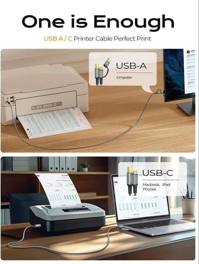 Alt view image 5 of 7 - Printer Cable to USB 480Mbps Printer USB B to USB C MIDI Cable Nylon Braided Type B Cord for MacBook Pro DAC MIDI Keyboard 6.6FT Grey