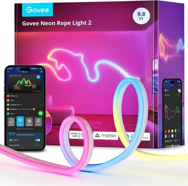 Main image of RGBIC Neon Lights LED Smart Neon Rope Light 2 Works with Matter Alexa Google Assistant Custom DIY Neon Strip Lights for Bedroom and Wall Decor Softer Material 9.8ft White