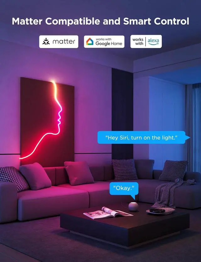 Alt view image 6 of 7 - RGBIC Neon Lights LED Smart Neon Rope Light 2 Works with Matter Alexa Google Assistant Custom DIY Neon Strip Lights for Bedroom and Wall Decor Softer Material 9.8ft White