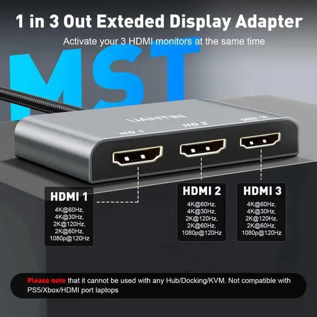 Alt view image 3 of 7 - DisplayPort to HDMI Splitter for 3 Monitors Extended Display Adapter 4K@60Hz 1 DP in 3 HDMI Out MST Hub for Multiple Monitor Display Port Compatible with / Graphic Card