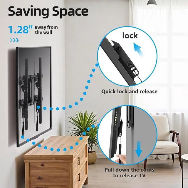 Alt view image 2 of 6 - UL Listed Fixed TV Wall Mount for 37-86 Inch Screens Low Profile TV Mount Fits 16 18 24 Studs Wall Mount Bracket with Quick Release Lock Max VESA 600x400mm Holds up to 132 lbs by