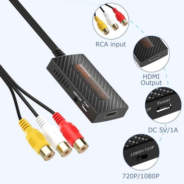 Alt view image 7 of 7 - RCA to HDMI Converter Composite AV to HDMI Converter Support 1080P with HDMI Cable for Xbox/Wii/PS1/PS2/PS3/GameCube/N64/VHS/VCR/DVR Players
