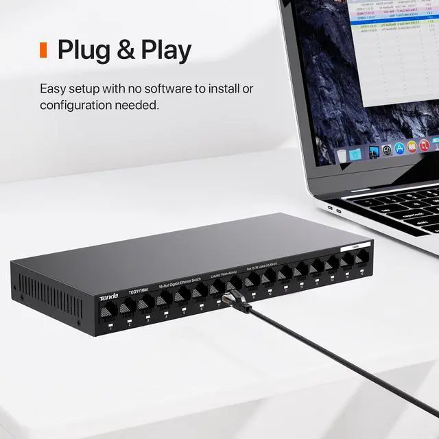 Alt view image 3 of 7 - Tenda TEG1116M 16 Port Gigabit Switch, Unmanaged Ethernet Switch with Traffic Optimization, Plug & Play, Fanless & Metal Design Network Switch, Limited Lifetime Protection