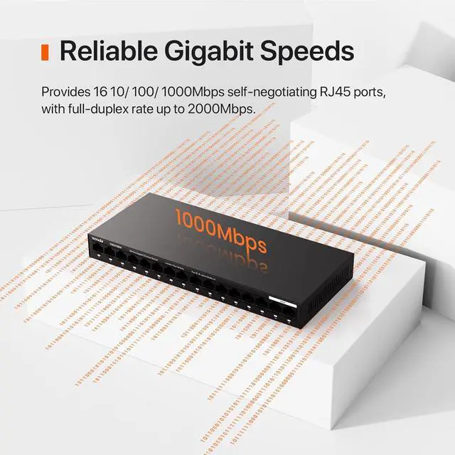 Alt view image 4 of 7 - Tenda TEG1116M 16 Port Gigabit Switch, Unmanaged Ethernet Switch with Traffic Optimization, Plug & Play, Fanless & Metal Design Network Switch, Limited Lifetime Protection