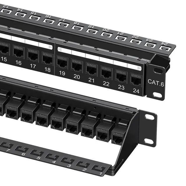 Main image of Cable Matters 1U 19-Inch 24-Port 10Gbps Cat6 Ethernet Patch Panel with Inline Keystone and Cable Management Bar, Rackmount or Wall Mount Network Patch Panel