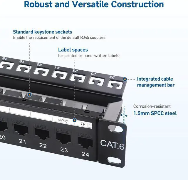 Alt view image 6 of 7 - Cable Matters 1U 19-Inch 24-Port 10Gbps Cat6 Ethernet Patch Panel with Inline Keystone and Cable Management Bar, Rackmount or Wall Mount Network Patch Panel