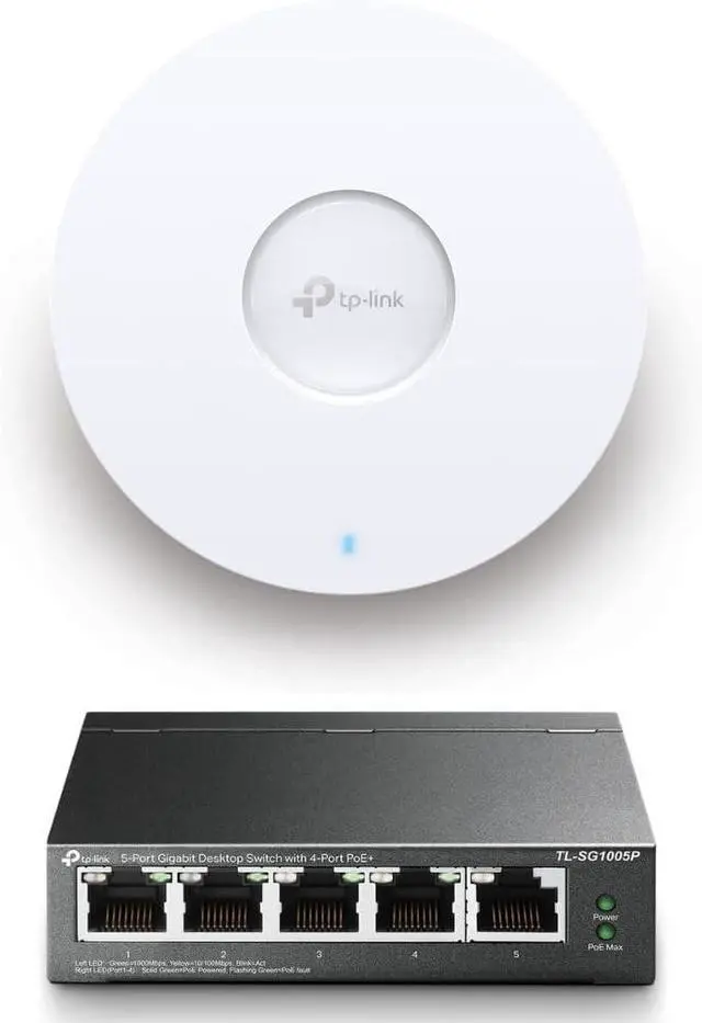 Main image of TP-LINK EAP610 & TL-SG1005P Bundle | Omada True Wi-Fi 6 Ultra-Slim Wireless Access Point w 5 Port Gigabit PoE Switch, 4 PoE+ Ports @65W for Seamless Business Office Mesh Roaming WPA3, MU-MIMO