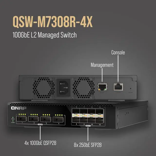 Alt view image 3 of 7 - QNAP 12-Port 100GbE Half-Width Rackmount Layer 2 Managed Switch with Four 100GbE QSFP28 and Eight 25GbE SFP28 Ports (QSW-M7308R-4X-US)