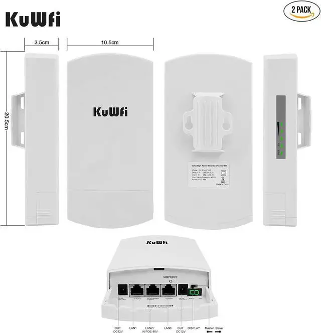 Alt view image 2 of 7 - Outdoor Wireless Bridge, KuWFi 5.8G 3KM Transmission WiFi Point to Point Wireless Ethernet Bridge Router, with 3 RJ45 LAN Ports, Pre-Program, 48V PoE, 2-Packs