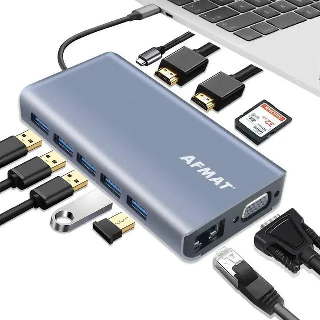 Main image of USB C Hub Ethernet Adapter, 13 in 1 Triple Display Type C Multiport Adapter with 5 USB 3.0 Ports, 100W PD USB-C Port, 3.5mm Audio Output and SD/TF Card Reader for MacBook Pro and Other USB-C Laptops