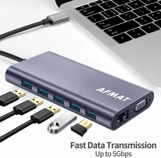 Alt view image 5 of 7 - USB C Hub Ethernet Adapter, 13 in 1 Triple Display Type C Multiport Adapter with 5 USB 3.0 Ports, 100W PD USB-C Port, 3.5mm Audio Output and SD/TF Card Reader for MacBook Pro and Other USB-C Laptops