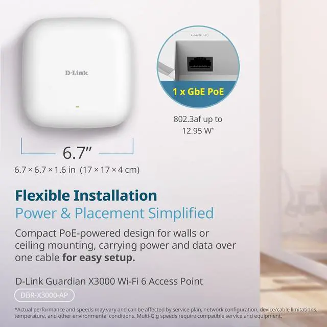 Alt view image 5 of 7 - D-Link Guardian X3000 Wi-Fi 6 Access Point (DBR-X3000-AP) Dual-band AX3000 Smart Access Point with WPA3, VLANs, PoE Powered, Guest WiFi, Mesh Support, Centralized Management by D-Link Guardian Routers