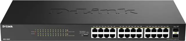 Main image of D-Link 24-Port Gigabit PoE+ Unmanaged Switch with 2 SFP Ports (DGS-1026P)  240W Budget, 30W/Port, Plug-and-Play, Onboard Controls, QoS, Smart Fan, NDAA/TAA Standards