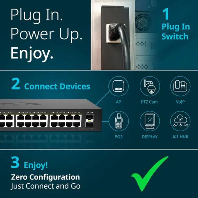 Alt view image 3 of 7 - D-Link 24-Port Gigabit PoE+ Unmanaged Switch with 2 SFP Ports (DGS-1026P)  240W Budget, 30W/Port, Plug-and-Play, Onboard Controls, QoS, Smart Fan, NDAA/TAA Standards