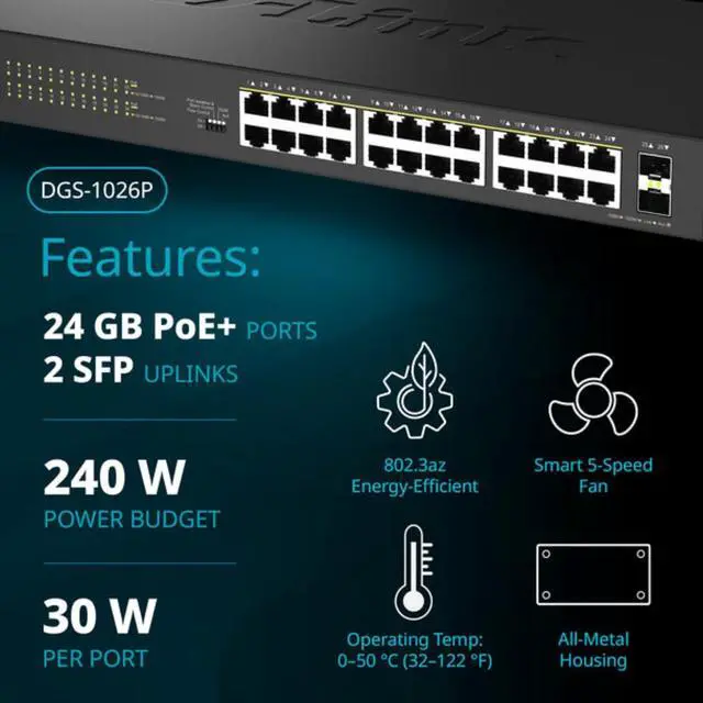 Alt view image 4 of 7 - D-Link 24-Port Gigabit PoE+ Unmanaged Switch with 2 SFP Ports (DGS-1026P)  240W Budget, 30W/Port, Plug-and-Play, Onboard Controls, QoS, Smart Fan, NDAA/TAA Standards