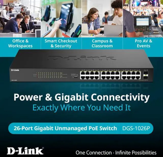 Alt view image 5 of 7 - D-Link 24-Port Gigabit PoE+ Unmanaged Switch with 2 SFP Ports (DGS-1026P)  240W Budget, 30W/Port, Plug-and-Play, Onboard Controls, QoS, Smart Fan, NDAA/TAA Standards