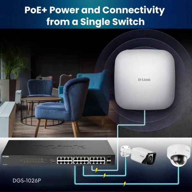 Alt view image 7 of 7 - D-Link 24-Port Gigabit PoE+ Unmanaged Switch with 2 SFP Ports (DGS-1026P)  240W Budget, 30W/Port, Plug-and-Play, Onboard Controls, QoS, Smart Fan, NDAA/TAA Standards