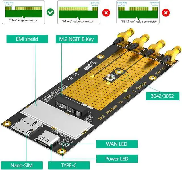 Alt view image 3 of 7 - JMT M.2 B Key 3G/4G/5G Module to USB-C USB 3.0 Adapter with Nano SIM Card Slot Compatible with RM500Q RM500U GM800 SIM8200 Module (with Antennas)