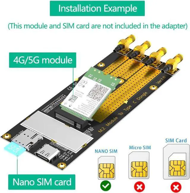 Alt view image 4 of 7 - JMT M.2 B Key 3G/4G/5G Module to USB-C USB 3.0 Adapter with Nano SIM Card Slot Compatible with RM500Q RM500U GM800 SIM8200 Module (with Antennas)