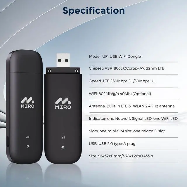 Alt view image 7 of 7 - MIRO UF1 4G LTE WiFi USB Network Adapter 150Mbps Speed, Dual SIM/SD Slots Wireless Dongle, Wi-Fi Stick USB2.0 Interface WiFi Adapter for Desktop PC Laptop