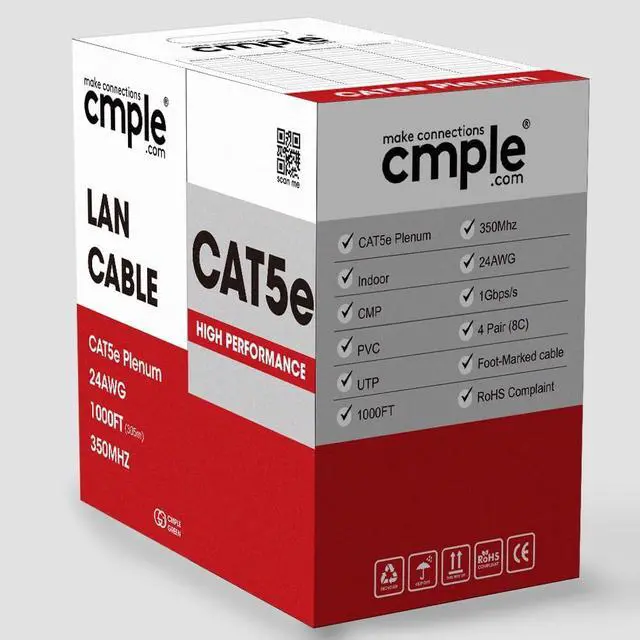 Alt view image 4 of 6 - Cmple - Cat5e Plenum Cable 1000ft, CMP, White, 350MHz Gigabit Ethernet Solid Network Internet Bulk UTP