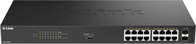 Main image of D-Link 16-Port Gigabit PoE+ Unmanaged Switch with 2 SFP Ports (DGS-1018P)  240W Budget, 30W/Port, Plug-and-Play, Onboard Controls, QoS, Smart Fan, NDAA/TAA Standards
