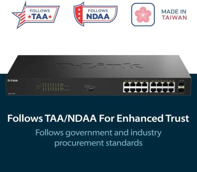 Alt view image 2 of 7 - D-Link 16-Port Gigabit PoE+ Unmanaged Switch with 2 SFP Ports (DGS-1018P)  240W Budget, 30W/Port, Plug-and-Play, Onboard Controls, QoS, Smart Fan, NDAA/TAA Standards