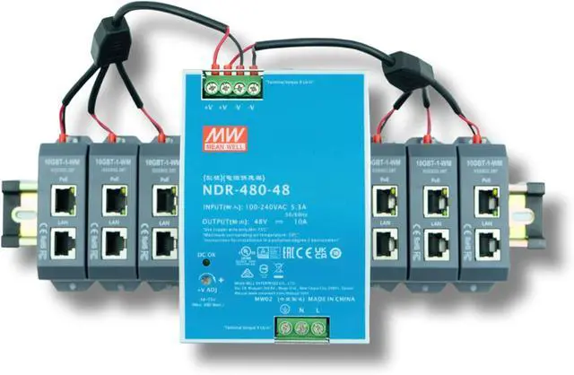 Main image of PoE Texas 6-Port 10 Gigabit PoE++ Midspan Injector with 48 Volt 480 Watt Power Supply - Converts Non-PoE Ports to PoE++ - Deliver 90W to 802.3bt Devices Up to 328' - Mount on Wall or Included DIN Rail