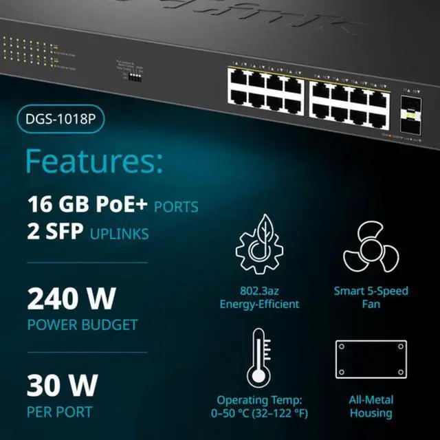 Alt view image 4 of 7 - D-Link 16-Port Gigabit PoE+ Unmanaged Switch with 2 SFP Ports (DGS-1018P)  240W Budget, 30W/Port, Plug-and-Play, Onboard Controls, QoS, Smart Fan, NDAA/TAA Standards