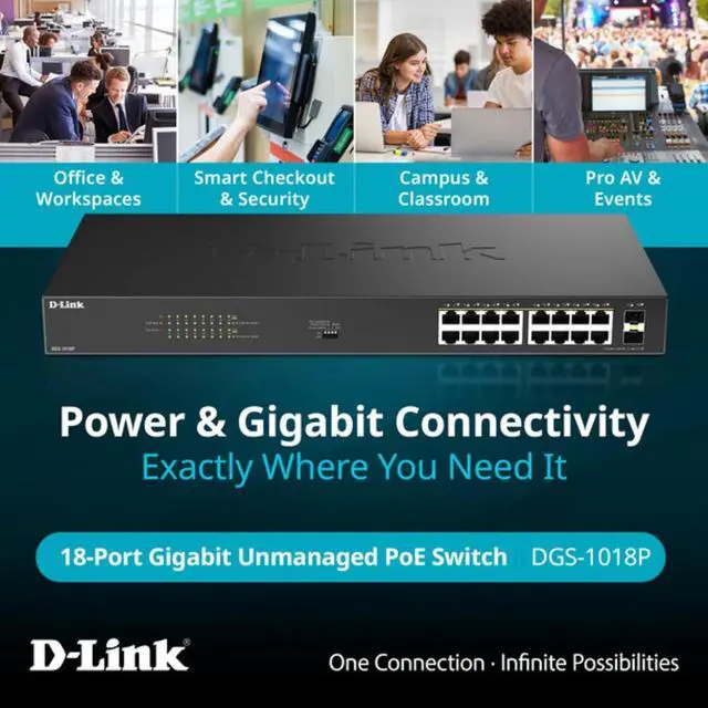 Alt view image 3 of 7 - D-Link 16-Port Gigabit PoE+ Unmanaged Switch with 2 SFP Ports (DGS-1018P)  240W Budget, 30W/Port, Plug-and-Play, Onboard Controls, QoS, Smart Fan, NDAA/TAA Standards