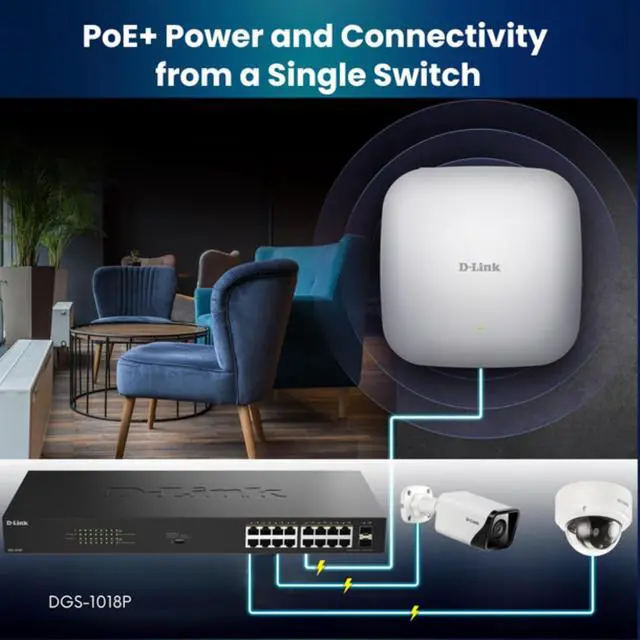 Alt view image 7 of 7 - D-Link 16-Port Gigabit PoE+ Unmanaged Switch with 2 SFP Ports (DGS-1018P)  240W Budget, 30W/Port, Plug-and-Play, Onboard Controls, QoS, Smart Fan, NDAA/TAA Standards