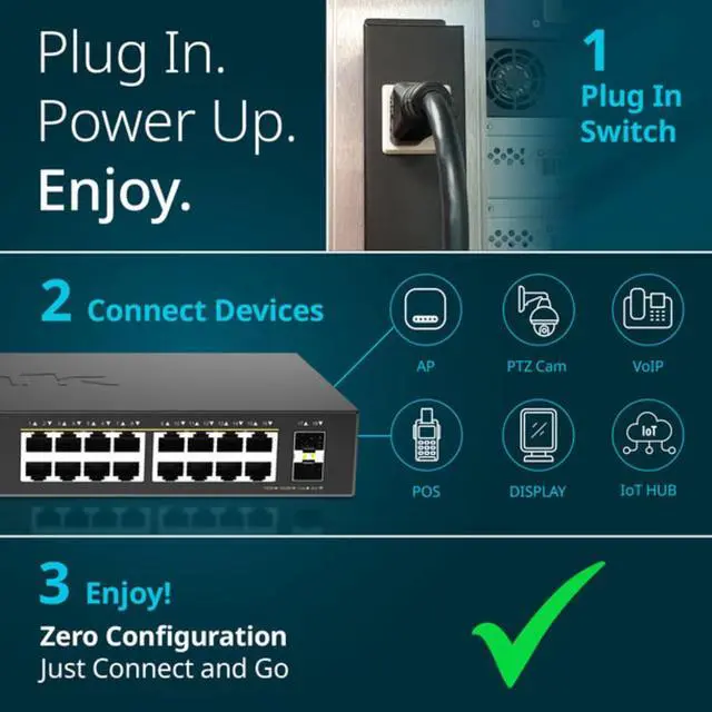 Alt view image 6 of 7 - D-Link 16-Port Gigabit PoE+ Unmanaged Switch with 2 SFP Ports (DGS-1018P)  240W Budget, 30W/Port, Plug-and-Play, Onboard Controls, QoS, Smart Fan, NDAA/TAA Standards
