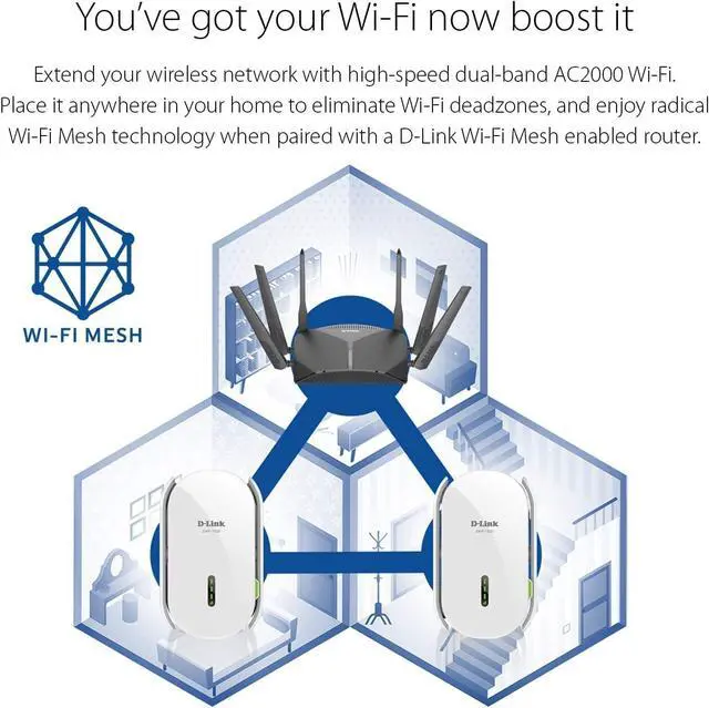 Alt view image 2 of 7 - D-Link WiFi Range Extender, AC2000 Mesh Plug In Wall Signal Booster, Cover up to 2600 sq.ft. Dual Band Wireless Repeater Access Point for Smart Home (DAP-1820-US)