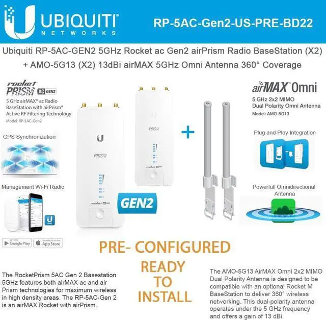 Main image of Rocket Prism ac Gen2 RP-5AC-GEN2-US (2 Units) 5GHz Radio BaseStation Pre-Configured with airMAX Omni Antenna AMO-5G13 (2 Units) 13dBi 5GHz 360° (Ready to Install)