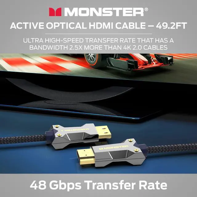 Alt view image 3 of 7 - Monster M-Series HDMI 2.1 Cable 48 Gbps, Active Optical Fiber HDMI Cable, Lightwave Certified, 8K 60Hz, 4K 120Hz, V-Grip Gold Plated Connectors, Duraflex Jacket, 49.2 ft