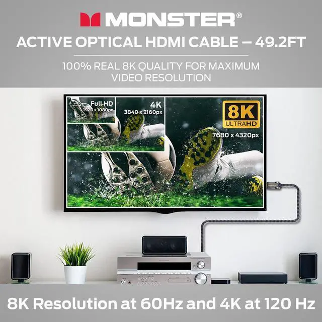Alt view image 2 of 7 - Monster M-Series HDMI 2.1 Cable 48 Gbps, Active Optical Fiber HDMI Cable, Lightwave Certified, 8K 60Hz, 4K 120Hz, V-Grip Gold Plated Connectors, Duraflex Jacket, 49.2 ft