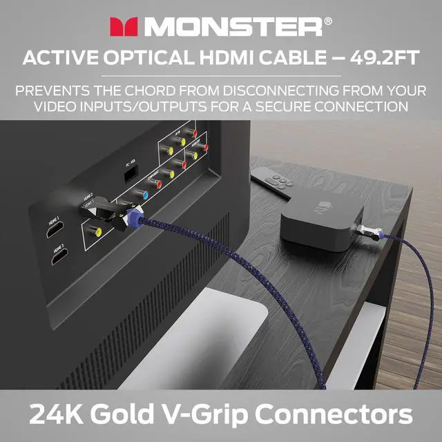 Alt view image 6 of 7 - Monster M-Series HDMI 2.1 Cable 48 Gbps, Active Optical Fiber HDMI Cable, Lightwave Certified, 8K 60Hz, 4K 120Hz, V-Grip Gold Plated Connectors, Duraflex Jacket, 49.2 ft