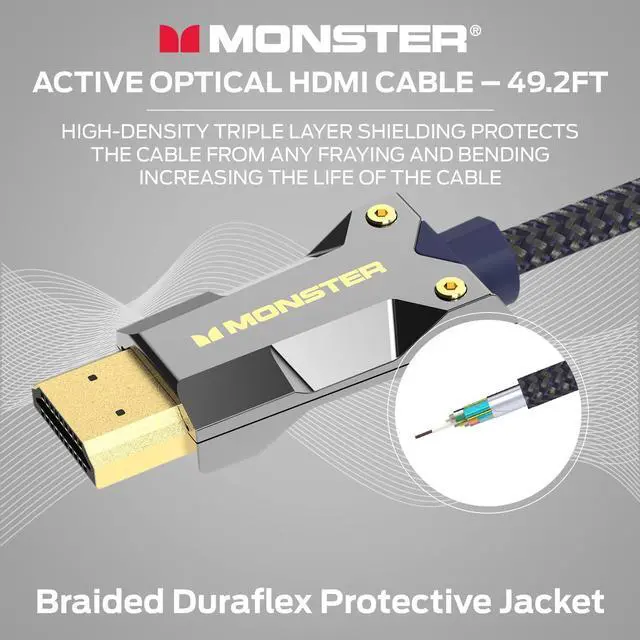 Alt view image 7 of 7 - Monster M-Series HDMI 2.1 Cable 48 Gbps, Active Optical Fiber HDMI Cable, Lightwave Certified, 8K 60Hz, 4K 120Hz, V-Grip Gold Plated Connectors, Duraflex Jacket, 49.2 ft