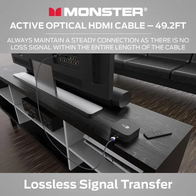 Alt view image 5 of 7 - Monster M-Series HDMI 2.1 Cable 48 Gbps, Active Optical Fiber HDMI Cable, Lightwave Certified, 8K 60Hz, 4K 120Hz, V-Grip Gold Plated Connectors, Duraflex Jacket, 49.2 ft