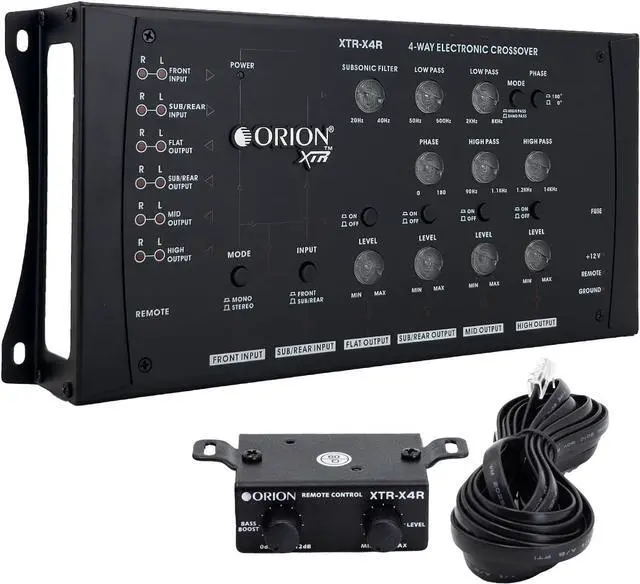 Main image of Orion XTR-X4R 4-Way Electronic Crossover Network  2-Channel Input, 4-Channel Output, Illuminated Control Panel, Rotary Knobs, 12dB/Octave Slope, Remote Bass Boost, Adjustable Frequency Controls