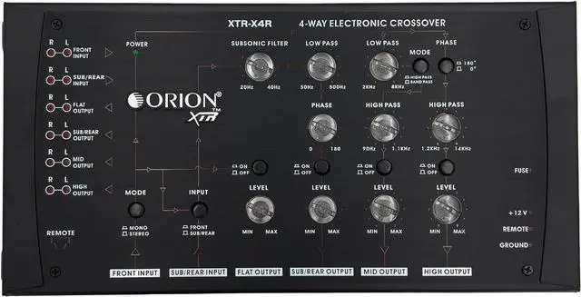 Alt view image 2 of 5 - Orion XTR-X4R 4-Way Electronic Crossover Network  2-Channel Input, 4-Channel Output, Illuminated Control Panel, Rotary Knobs, 12dB/Octave Slope, Remote Bass Boost, Adjustable Frequency Controls