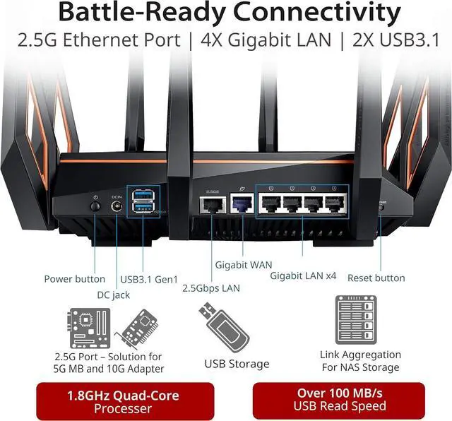 Alt view image 2 of 6 - ROG Rapture GT-AX11000 IEEE 802.11ax Ethernet Wireless Router - 2.40 GHz ISM Band - 5 GHz UNII Band - 11000 Mbit/s Wireless Speed - 5 x Network Port - 1 x Broadband Port - USB - 2.5 Gigabit Ethernet -