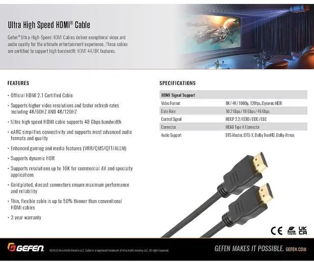 Alt view image 4 of 4 - Gefen 8K Gaming HDMI 2.1 Cable (1m/3.3ft) - Certified Ultra High Speed 48Gbps for PS5, Xbox Series X, PC, Supports 4K@120Hz, VRR, ALLM, eARC for Ultimate Gameplay