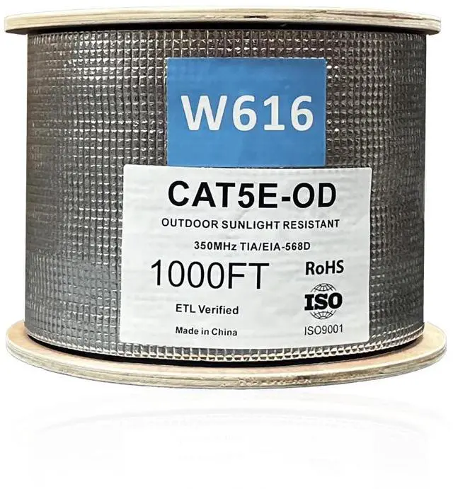 Main image of ENS Outdoor Cable Cat5e, 1000ft, UTP, UV Jacket, Outdoor Rated, CMX, 24AWG Solid Bare Copper, 350MHz, Bulk Ethernet Cable on Wooden Spool, Perfect for CCTV Security Surveillance System