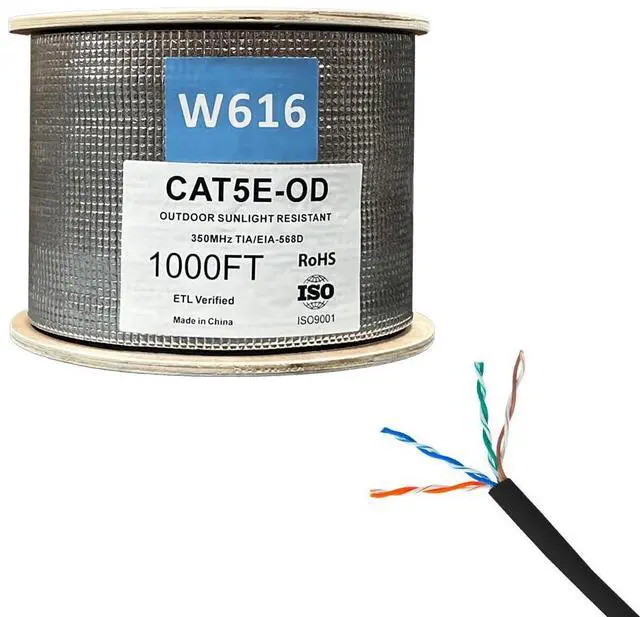 Alt view image 3 of 5 - ENS Outdoor Cable Cat5e, 1000ft, UTP, UV Jacket, Outdoor Rated, CMX, 24AWG Solid Bare Copper, 350MHz, Bulk Ethernet Cable on Wooden Spool, Perfect for CCTV Security Surveillance System